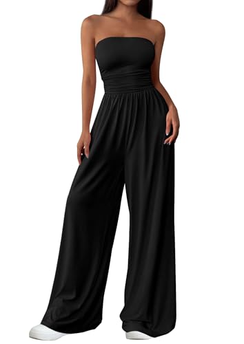 PRETTYGARDEN Womens Trendy Strapless Rompers 2026 Ruched Tube Top Wide Leg One Piece Jumpsuits Beach Vacation Summer Outfits (Black Medium)