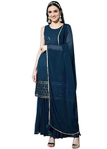 Image of SHOPPING QUEEN Women's Georgette Embroidered Kurta and Sharara Set