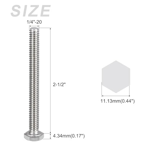 Image of METALLIXITY Hex Head Bolts (1 /4-20 x 2-1 /2 inch) 12Pcs, 304 Stainless Steel 18-8, Fully Threaded, External Hex Drive, Plain Finish, Hex Head Screw Bolt, Silver