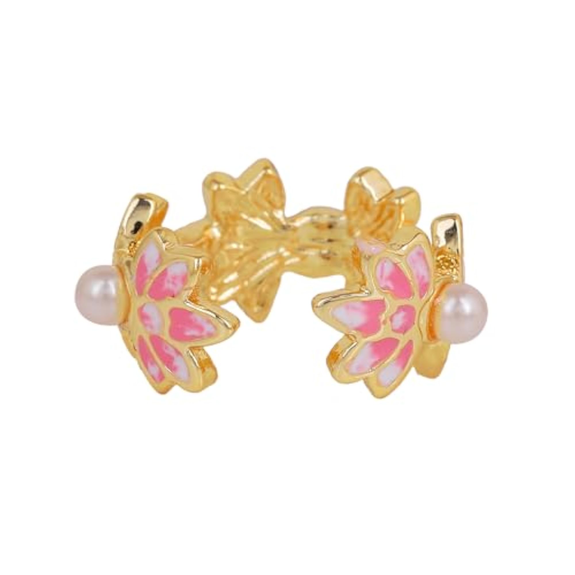Plated Pink Enamel Lotus Adjustable Finger Ring
