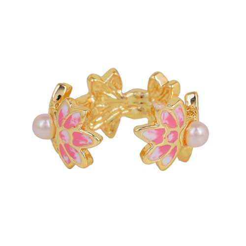 Plated Pink Enamel Lotus Adjustable Finger Ring