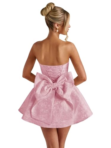 Image of Basgute Floral Jacquard Satin Short Homecoming Dresses for Teens A Line Strapless Formal Prom Evening Gown with Bow