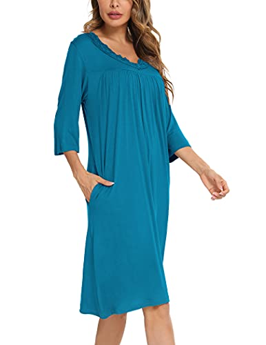 Yya Lace Sleepwear Women's V Neck Nightshirt 3/4 Sleeve Soft Pleated Nightgown Plus Size Steelblue #TOP4