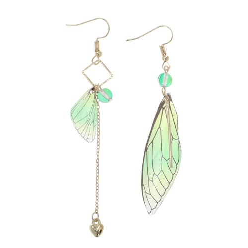 Vaguelly 1 paire de boucles d'oreilles asymétriques en forme d'ailes de cigale simulées - Pour femme - Vert - Pour mariage et usage quotidien