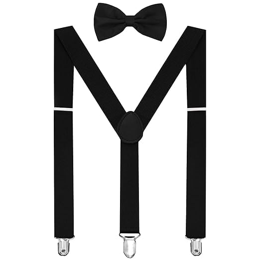 Solid Color Mens Suspender Bow Tie Set Clip On Y Shape Adjustable Braces (Black)-image-48