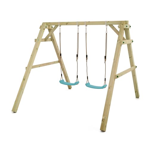 WICKEY Kinderschaukel Schaukelgestell Sky Dancer Prime - Schaukel türkis & Gestell Holz, Outdoor Schaukelgerüst, Doppelschaukel, Holzschaukel für Kinder im Garten