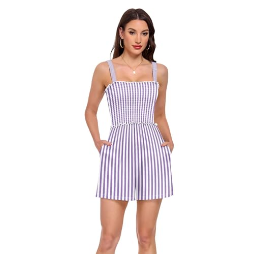 Barboteuse pour femmes d'été col carré : combishort de plage violet et blanc