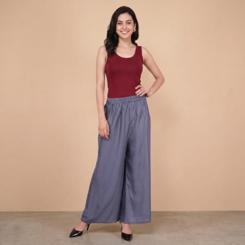 Image of FASHION GALLERY Women's Solid Rayon Palazzo Pants | Relaxed Fit Full Length Wide Leg Palazzo | Elastic Waist Comfortable Casual Lounge Office Ethnic Flared Trousers for Women