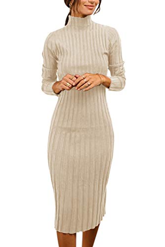 Image of MEROKEETY Women's Ribbed Long Sleeve Sweater Dress High Neck Slim Fit Knitted Midi Dress