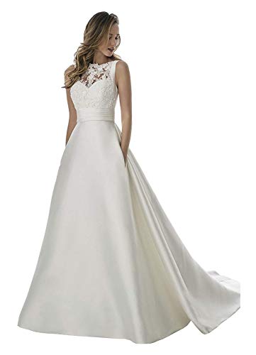 Melisa Women's A line Lace Beach Wedding Dresses for Bride with Train Sash Satin Bridal Ball Gown Plus Size Ivory