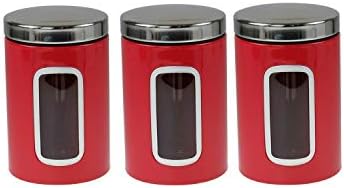 Set of 3 Glass Tea Coffee Sugar Jar Kitchen Storage Set Stainless Steel Food Storage Canister Airtight Lids (Red)