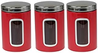 Set of 3 Glass Tea Coffee Sugar Jar Kitchen Storage Set Stainless Steel Food Storage Canister Airtight Lids (Red)