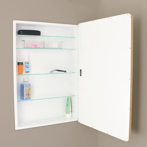 Image of 20x30 Austin Farmhouse Metal Framed Rounded Rectangle Recessed Bathroom Medicine Cabinet, Beveled Mirror, 18x28 in-Wall Opening, powder-coated Steel, Adjustable Glass Shelves, Magnet Close, Gold