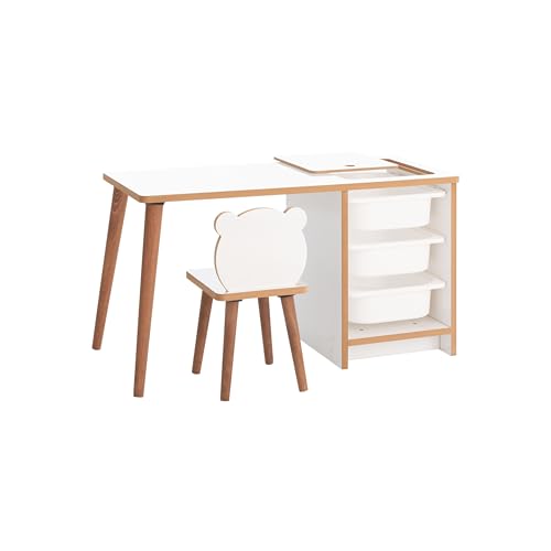 MyosHome - Escritorio Infantil con Silla y Cajones, Pupitre Infantil con Guarda Objetos, Mesa de Juegos para Niños, Muebles para Niños Color Blanco y Madera de 90 x 42 x 51 cm. Soho