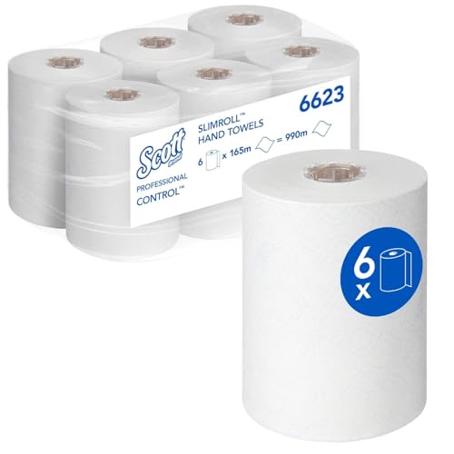 Scott Control Slimroll Asciugamani in Rotolo 6623, 1 Velo, Bianchi, Ultra Assorbenti e Compatti, Tecnologia Airflex™, Certificati Ecolabel e per Contatto Alimentare, 6 Rotoli x 165 m (990 m Totali)