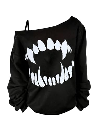 Verdusa Women's Plus Size Off The Shoulder Graphic Tee Long Sleeve Pullover Tops Gothic Clothes
