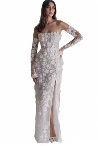 Strapless Wedding Dress for Bride 3D Flower Lace Bridal Gown Detachable Sleeves Prom Dress with Slit