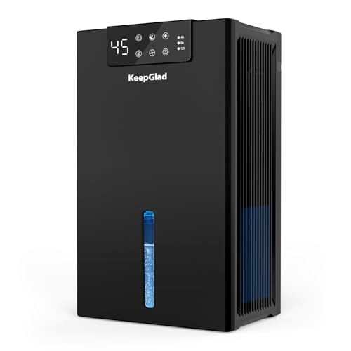 KeepGlad Dehumidifier, 98OZ Dehumidifiers for Home(1000sq.ft), Humidity Display Dehumidifier for Basement Bathroom Bedroom, Auto Shut Off, Washable Filter, Drain Hose, Timer, 7 Ambient Lights, Black
