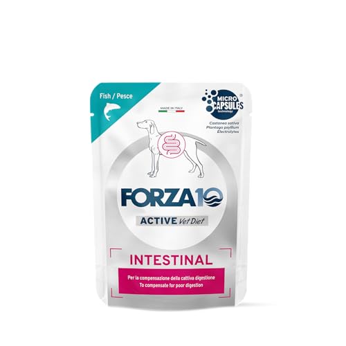 Forza 10 Umido Cane INTESTINAL, alimento completo dietetico per cani adulti di tutte le taglie e razze con disturbi intestinali gusto PESCE, for dogs | 12 bustine da 100 grammi l'una.