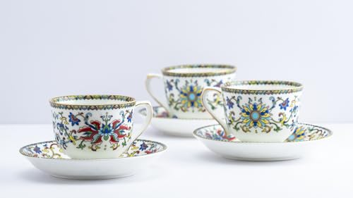 Image of GOLDEN QUEEN'S Cup & Saucer Set | Perfect for Hosting & for Tea /Coffee Lovers | Handcrafted in India, Inspired by Florals & 24-Carat Gold Rim | 6 Cups & 6 Saucers |170 ml (Himalyan Flora)