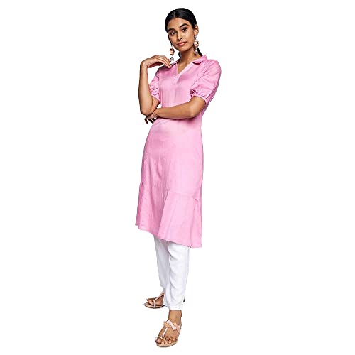 Image of global desi Solid Viscose Collar Neck Womens Flared Kurta (SS22GH048KURL-P)