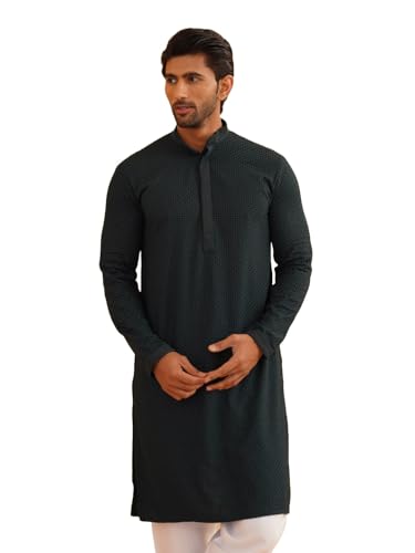 Image of Sojanya (Since 1958 Men'S Geometric Embroidered Thread Work Cotton Straight Long Kurta