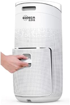 Hand opening the filter compartment of the Sodeca Puri-50 Air Purifier
