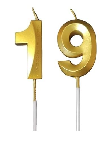 Image of ToyUniverse Nineteen Number Candle - Metallic Gold for Nineteenth Birthday, Anniversary, Surprise Party Cake Decoration (Pack of 2)
