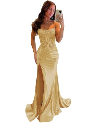 YCXRQI Glitter Sequin Satin Gold Prom Dresses for Women Long Sparkly Mermaid Strapless Corset Formal...