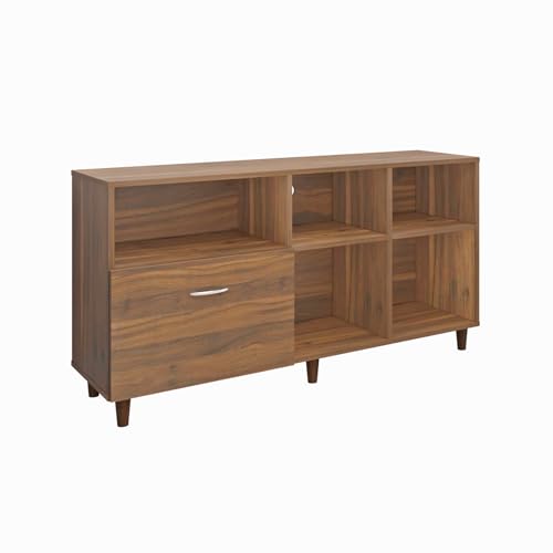 Image of VIKI Modern TV Unit for Living Room | Engineered Wood TV Cabinet with 1 Drawer Storage & 3 Open Shelves, Set Top Box Stand, Entertainment Unit, 140W x 74H x 40D cm | DIY | 1 Year Warranty (Walnut)