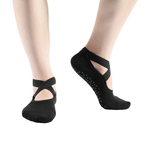 Women's 6-Pack Black Padded Cushion Non-Slip Piyo Barre Pilate Ballet Yoga Socks with Grips, Size 4-93