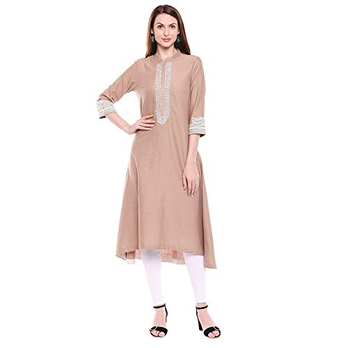 Image of BIBA Womens Synthetic Regular Fit A-Line Mandarin Collar Solid Kurta