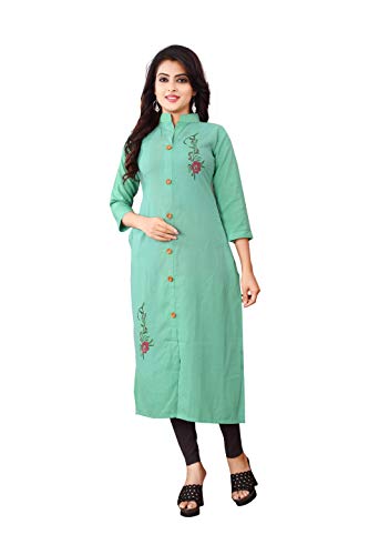 Image of OM SAI LATEST CREATION Slub-Rayon Three-Fourth Sleeve Printed A-Line Kurti for Women