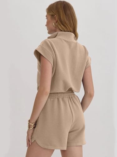 Image of Rompers for Women Summer Short Sleeve Half Zip Lapel Collar Jumpsuit Casual Drawstring One Piece Outfits with Pockets