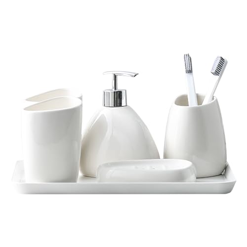 SelWatty 6 Juego de Accesorios de Baño de Cerámica, Juego de Accesorios de Baño, Elegante Porcelana Blanca, con Dosificador de Jabón, Vaso para Cepillo de Dientes y Jabonera,...