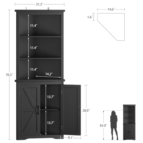 Image of TEENFON Farmhouse Corner Cabinet, 70.3 inch H Tall Corner Hutch with 5 Shelves & 2 Barn Doors, Bathroom Cabinet with Adjustable Shelf, for Living Room, Kitchen, Bathroom, Black