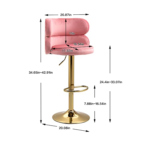 Ssline Upholstered Velvet Barstool Modern Swivel High Bar Chair With Arced Back &Footrest Adjustable Kitchen Counter Height Stools W/Stylish Rivets & Gold Base For Dining Room Home Bar -Pink&Golden #TOP1