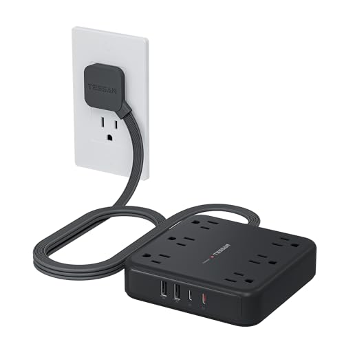 TESSAN Black Extension Cord with Fast Charger, Surge Protector Power Strip with 6 Outlets and 4 USB Ports (2 USB C), 2100 Joules Protection, Flat Plug, Multi Outlet Extender for Home, Office