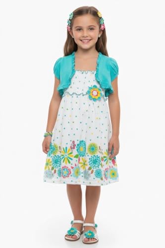 Image of ToBeInStyle Girls Two Piece Short Sleeve Dress and Matching Bolero Crop Cardigan Assorted Prints Cotton Blend Summer Outfit