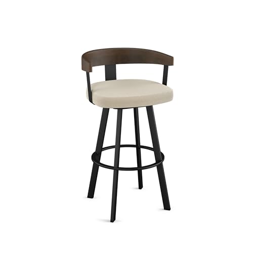 Image of Amisco Lars 26 inch Swivel Counter Height Barstool, Upholstered Stool with Solid Wood Back and Arms for Kitchen Island or Bar, Drees Stool, Cream Boucle Polyester /Brown Wood /Black Metal
