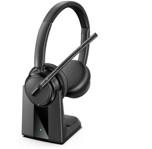 Image of Mopchnic Wireless Headset with Noise Cancelling Microphone, On-Ear Bluetooth Headset with USB Dongle, Mute Function & Charging Base, Wireless Headphones for Work from Home (Dark Gray)