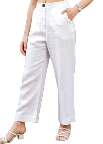 Image of Vogaan Women Cotton Linen Blend Straight Fit Trousers | High Waist Casual Office Pants | Solid Ankle Length Bottom Wear