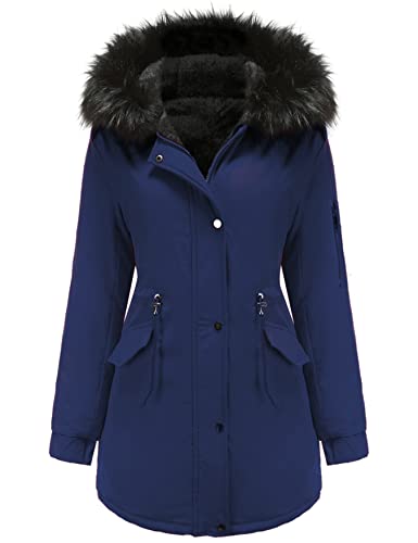 Vancavoo Damen Winterparka Mantel Winterjacke Parka Daunenmantel Herbst Winter Warm Kunstfellkragen Kapuzenmantel mit Tasche,Dunkelblau M
