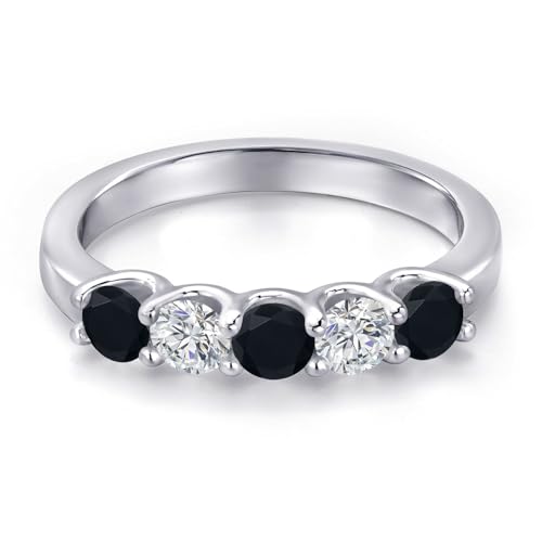 Gem Stone King 925 Sterling Silver Black Onyx and Lab Grown Diamond 5-Stone Alternate Wedding-Bands Ring For Women | 0.73 Cttw | Round 3.5MM | Gemstone Birthstone | Available in Size 5,6,7,8,93