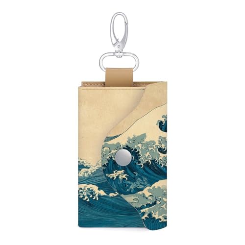 Great Wave Key Holder Bag PU Leather ID Card Holder Keychains Case Cover for Men Women