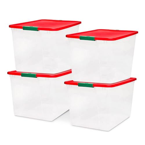 Homz Contenedor de almacenamiento transparente, resina plástica, tapa roja, 64 cuartos de galón, 23.5 x 16.1 x 13.5 pulgadas