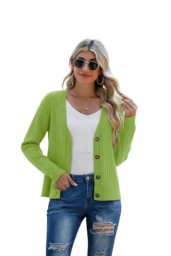 Image of Women's Green Classic Dressy Stirped Cardigan with V Neck Button Sweaters Crew Neck Lady Lightweight Jacket 2024 Fall Winter Size S