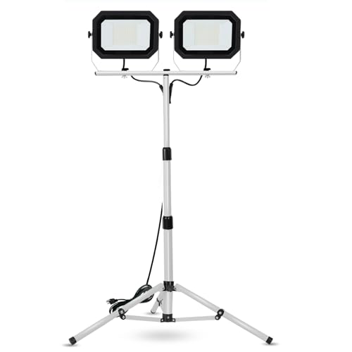 UFOND 20000 Lumen Work Lights with Stand, 200W Dual Head LED Work Light, Waterproof Lamp with Individual Switch, Adjustable Metal Telescoping Tripod 10Ft Power Cord