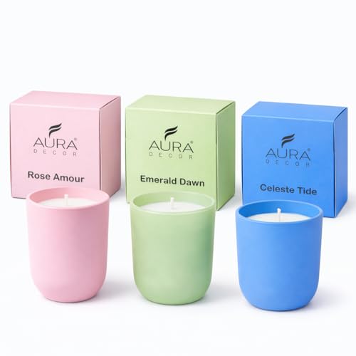 Image of AuraDecor Luxury Scented Candles, Rose Amour, Emerald Dawn, Celeste Tide, 35-40 Hours Burn Time, Luxury Soy Blend, Aromatherapy Home Fragrance Collection (All 3)