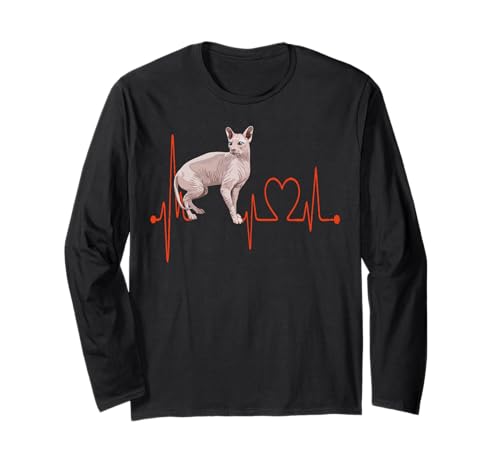 Sphynx Cat Heartbeat EKG Pulse Funny J'aime mes chats sans poils Manche Longue